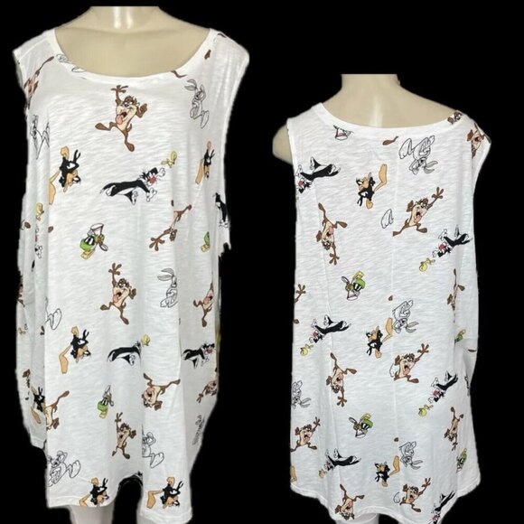 WB Looney Tunes Torrid Plus 6 White Character Print Crew Neckline Sleeveless Tee - Picture 1 of 6
